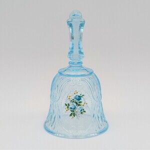 Vintage Blue Glass Bell Floral Transfer Roses Embossed Textured Decorative 6.5"